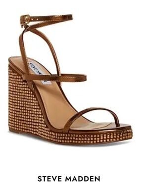 NWT Steve Madden Upside Bronze Rhinestone Strappy Wedge Sandals Event Heel 10